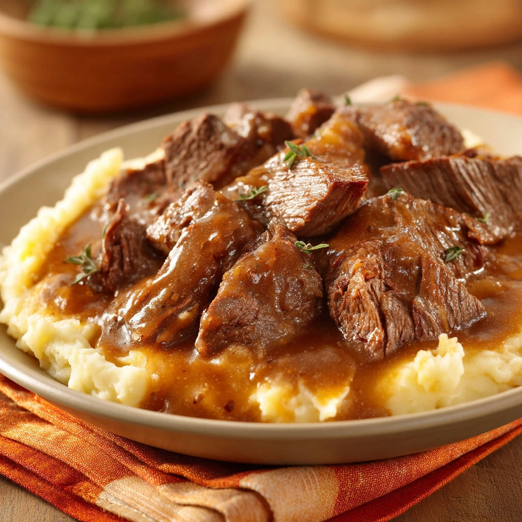 Slow cooker shredded beef served generously over fluffy mashed potatoes, a comforting and hearty meal.