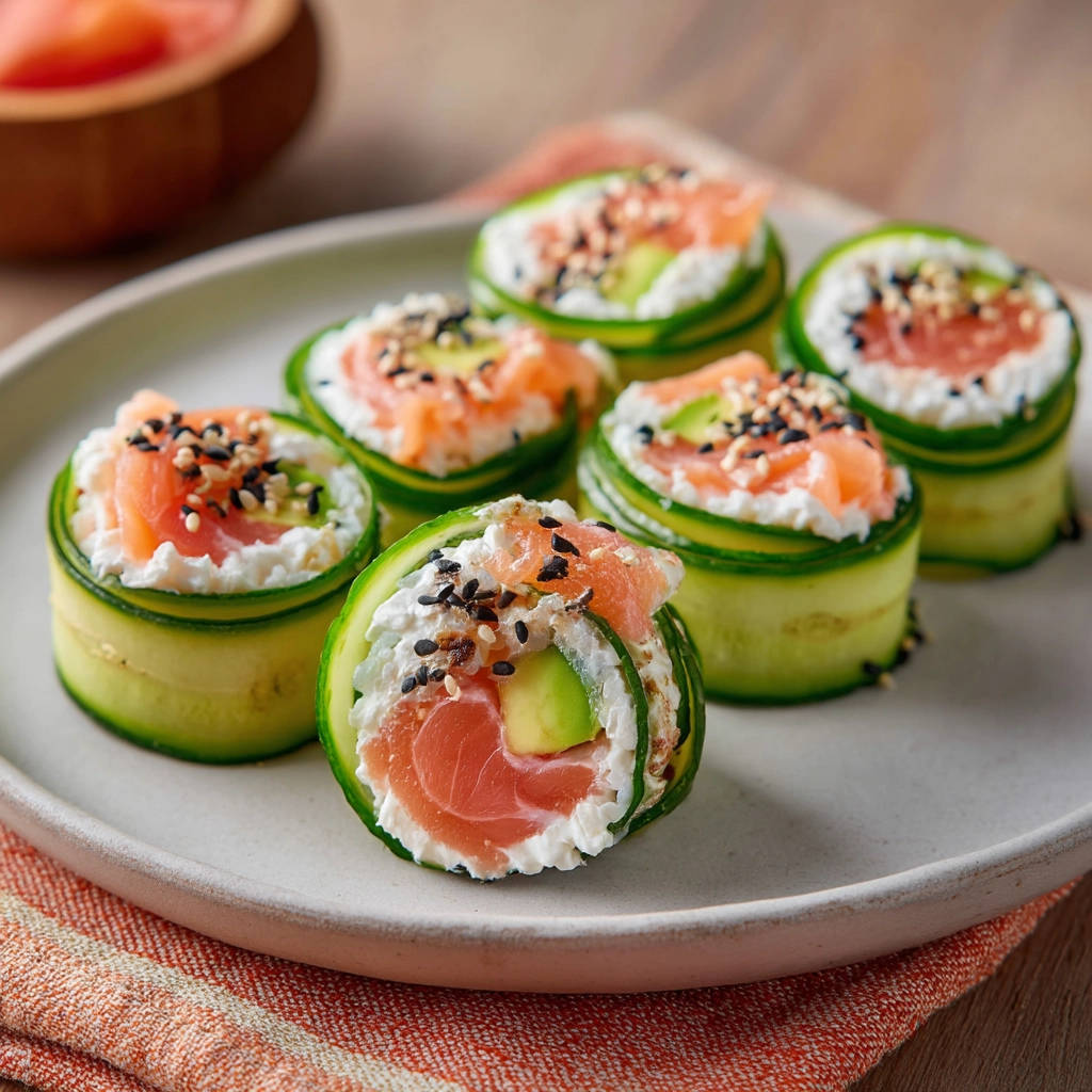 Smoked salmon cucumber bites close-up cross-section revealing creamy filling, avocado, and fresh salmon.