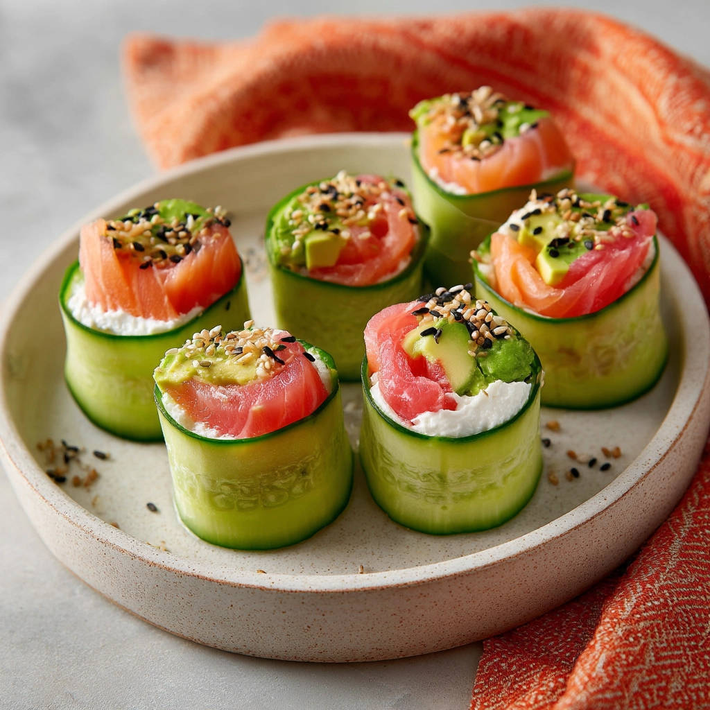 Smoked salmon cucumber bites plated in a group, showcasing their fresh ingredients and sesame seed topping.