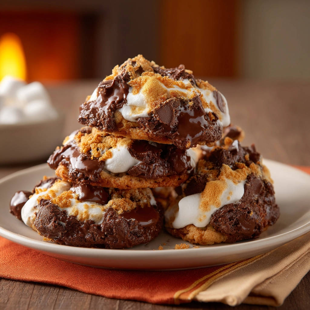 Amazing s'mores cookies with gooey marshmallow and chocolate in a stacked close-up view.