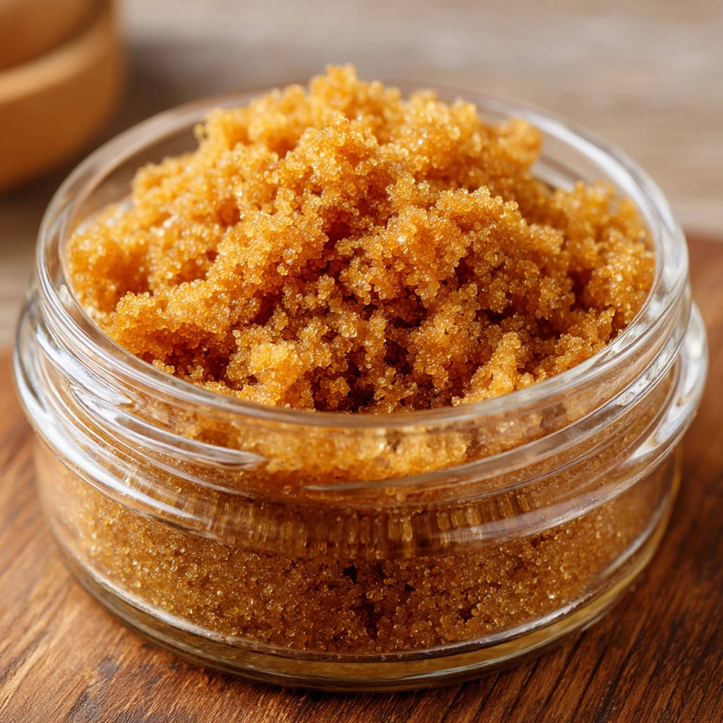 Genius soft brown sugar storage hack shown with a close-up view of the brown sugar's fine, granulated texture in a glass jar.