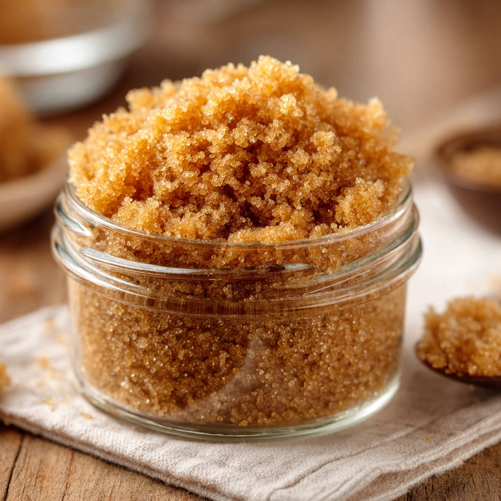 Soft brown sugar storage hack shown in a clear glass jar with a close-up view of the granular texture.