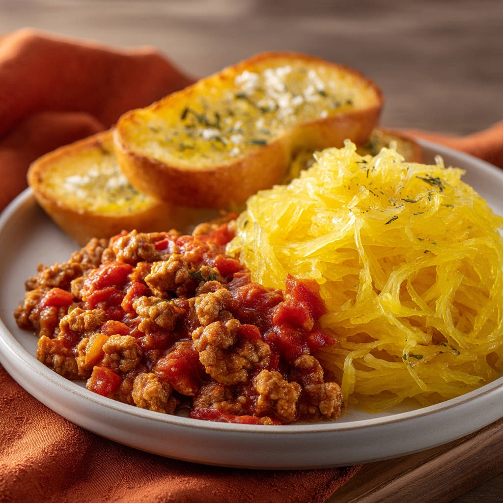 Spaghetti squash with meat sauce plated alongside garlic bread and a close-up view of the textures.