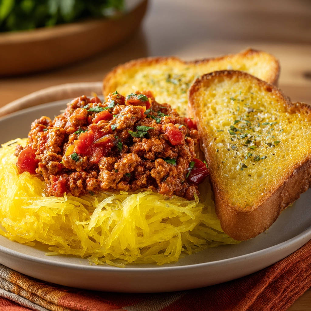 Spaghetti squash with meat sauce plated with two slices of garlic bread and fresh parsley garnish.