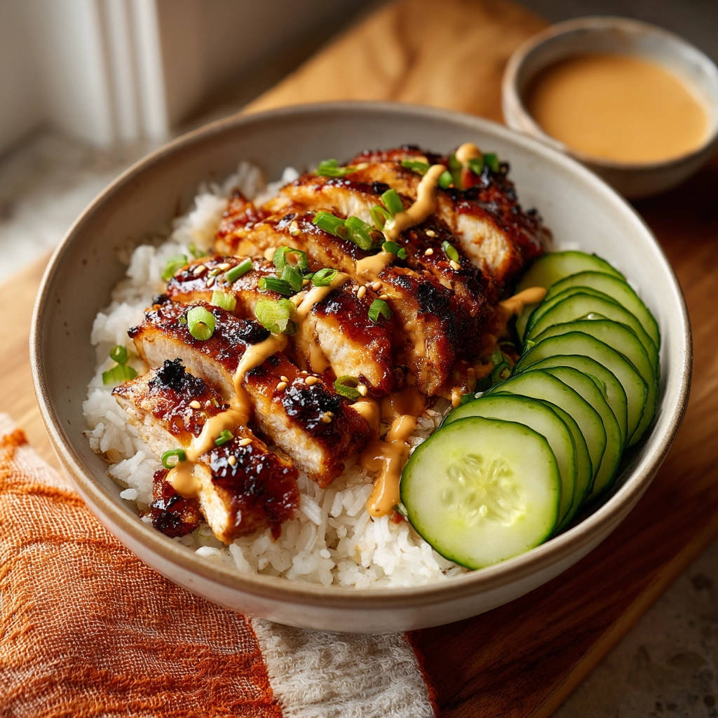 Speedy chicken teriyaki bowls with a glistening glaze, sliced chicken, and fresh cucumber garnish.