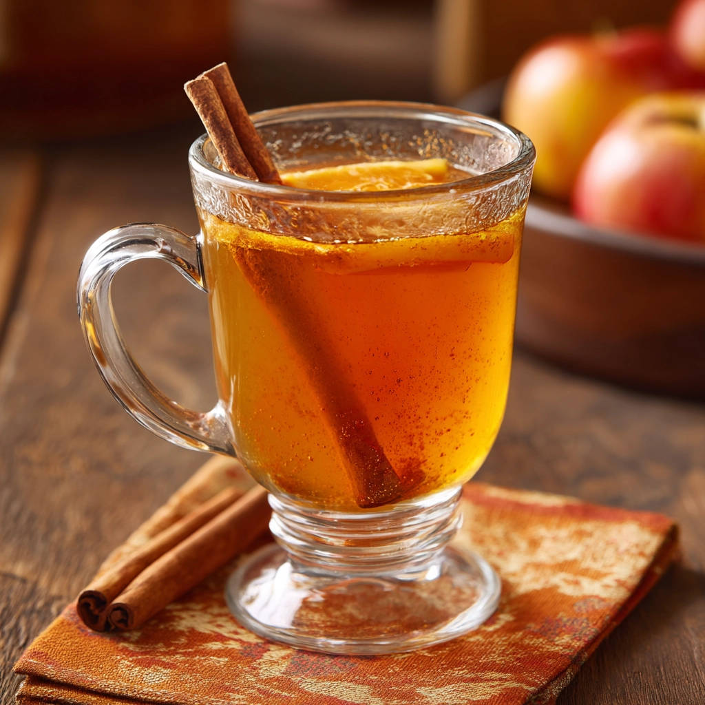 Easy spiced cider in a glass mug with a cinnamon stick and orange slice, garnished with cinnamon.