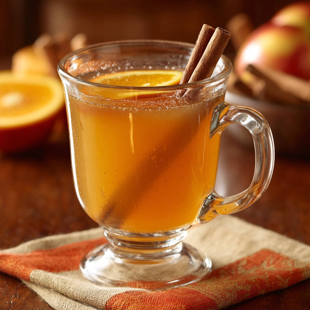 Easy spiced cider in a glass mug, garnished with orange slice and cinnamon sticks.