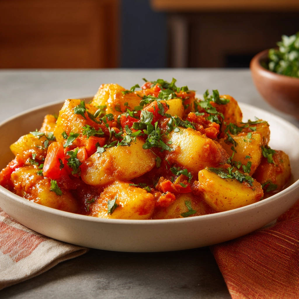 Spiced stewed potatoes stay tender and are served in a close-up view of a rustic bowl.