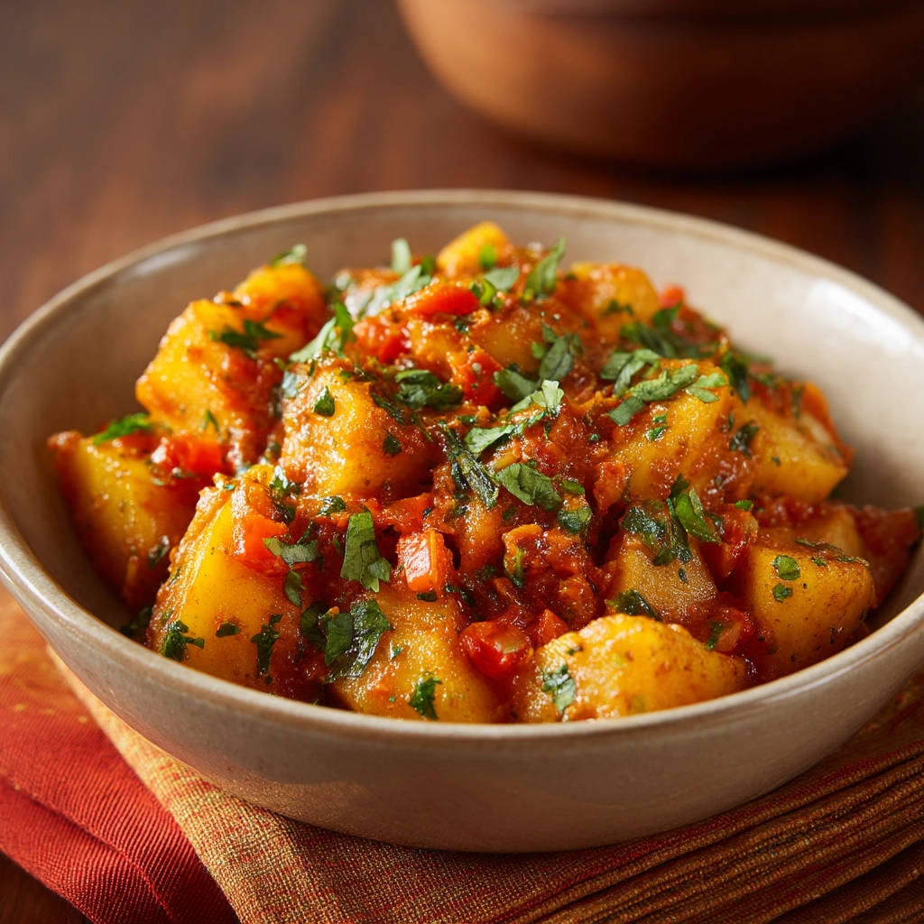 Spiced stewed potatoes stay tender, shown in a close-up view within a rustic bowl, garnished with fresh cilantro.