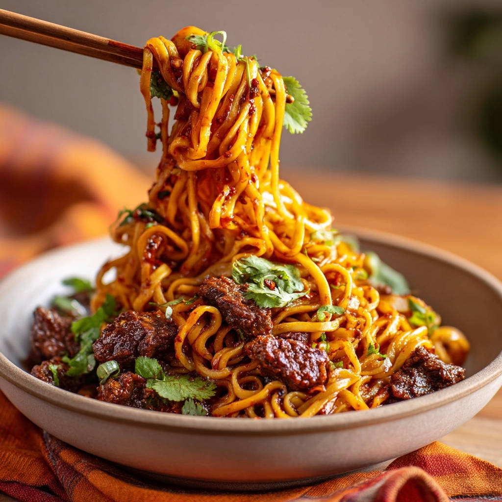 Spicy beef noodles being lifted with chopsticks, showcasing the glistening noodles and tender beef pieces.
