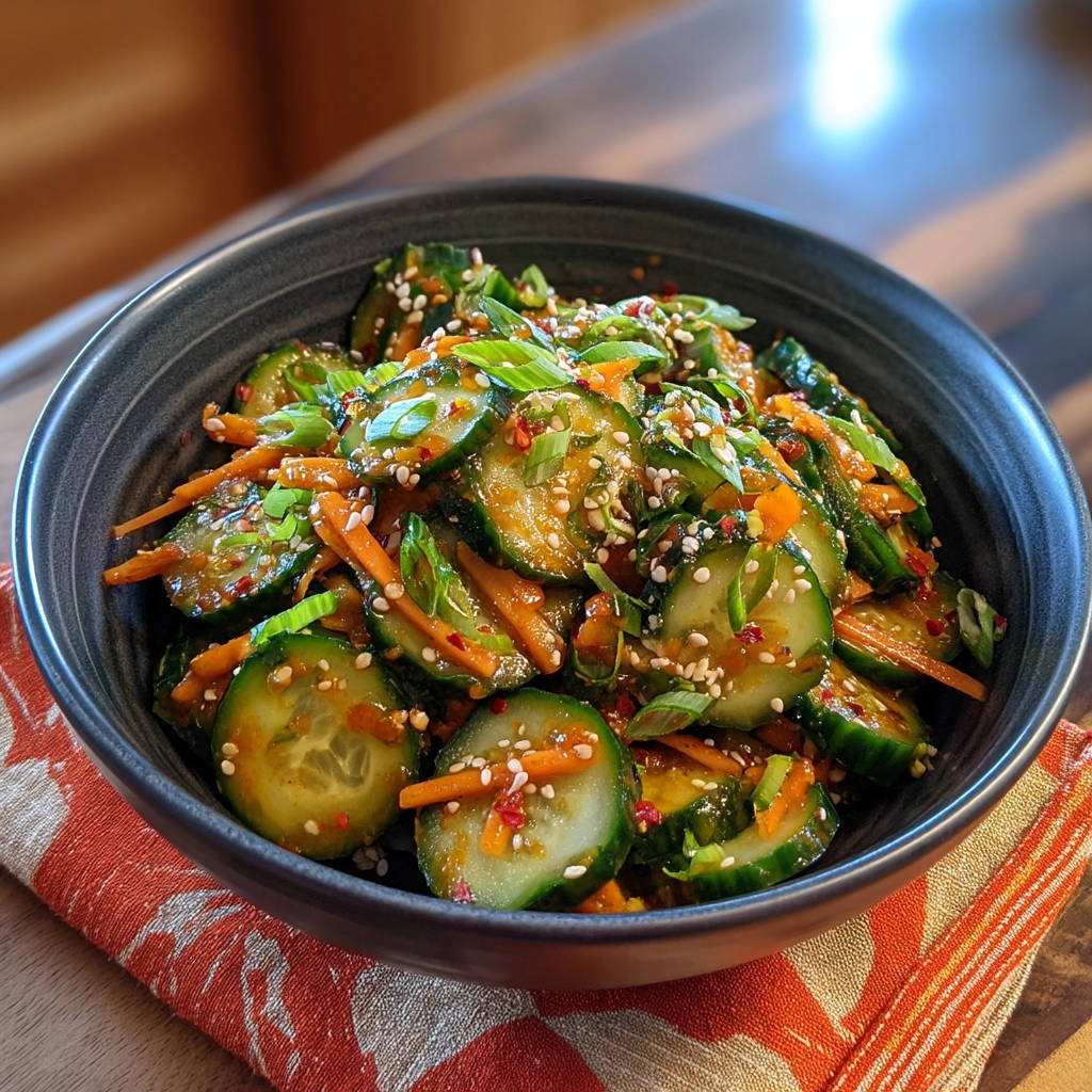 Spicy cucumber salad shown in a close-up view within a dark bowl, garnished with sesame seeds and scallions.