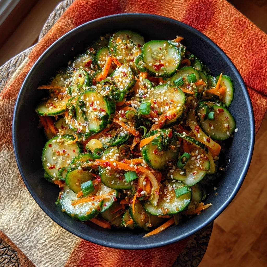 Spicy cucumber salad in a dark bowl, showing sliced cucumbers, grated carrots, and sesame seeds.