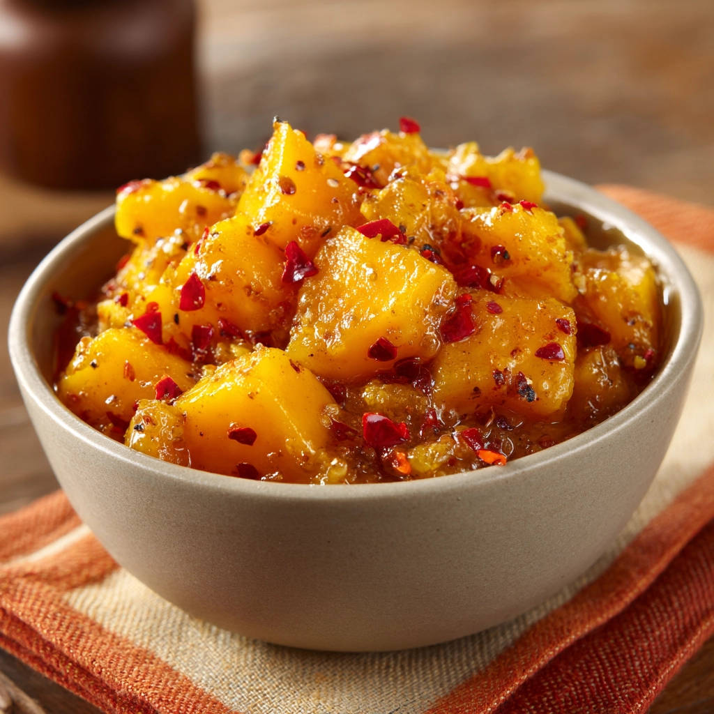 Spicy mango relish close-up in a bowl, showcasing diced mangoes and chili flakes in a glistening sauce.
