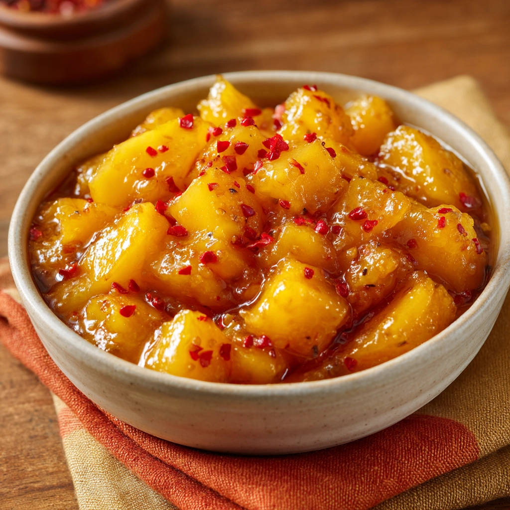 Spicy mango relish in a bowl, generously garnished with bright red chili flakes for a flavorful kick.