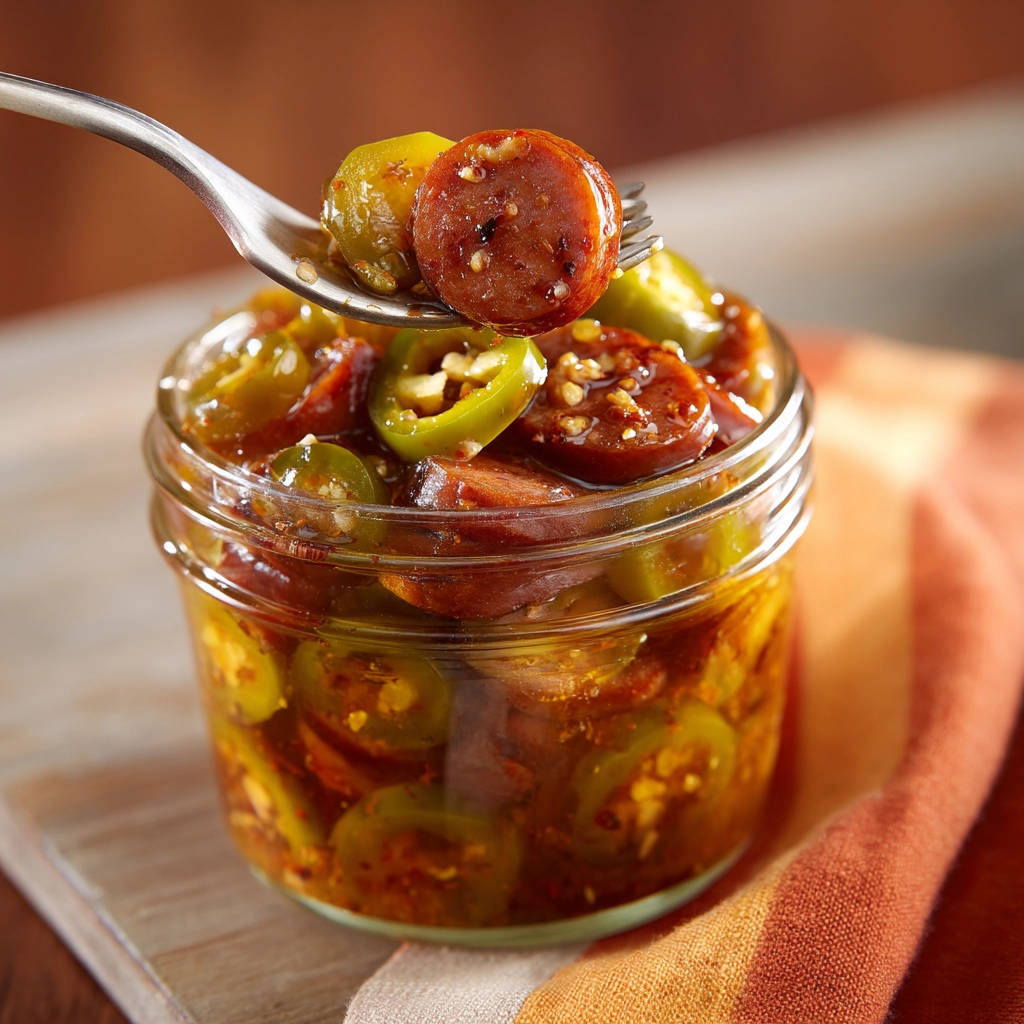 Spicy sausage and peppers being lifted from a jar on a fork, showing a close-up view.