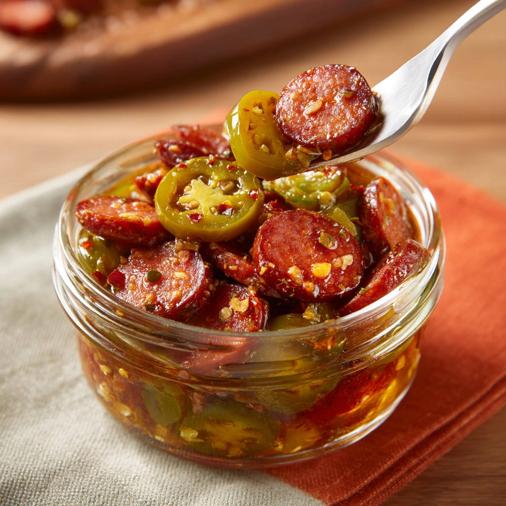 Spicy sausage and peppers served in a jar with a spoonful being lifted out.