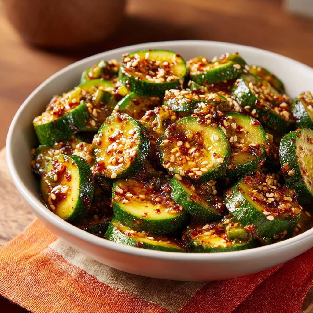Spicy sesame zucchini shown in a close-up view within a white bowl, coated in a glistening sauce.