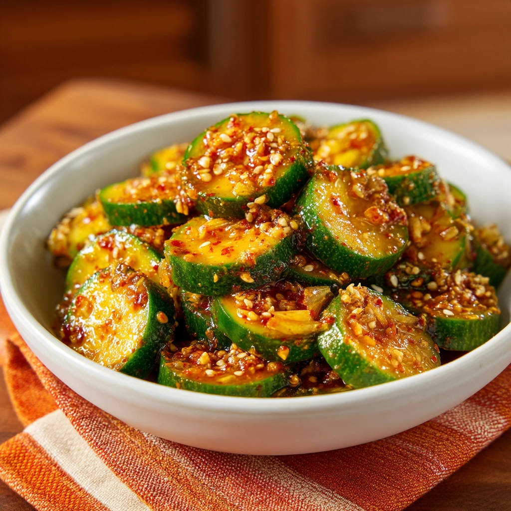 Spicy sesame zucchini, sliced and glistening with sauce, showcasing its tender-crisp texture in a close-up view.