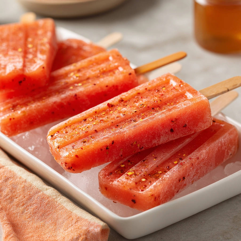 Spicy watermelon popsicles stacked on crushed ice in a white dish, sprinkled with chili flakes.