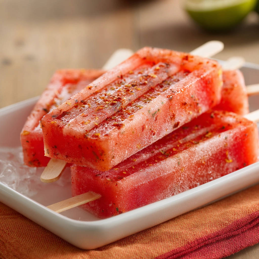 Spicy watermelon popsicles stacked on ice in a white dish, seasoned with chili and herbs.