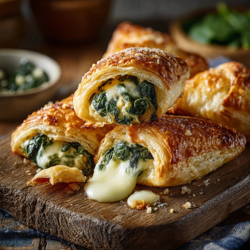 Flaky spinach & cheese bites with hot, gooey cheese pulling from a golden pastry.