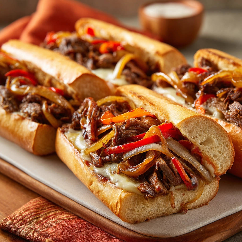 Ultimate steak and cheese sandwiches shown in a close-up cross-section, revealing the cheesy, meaty filling.