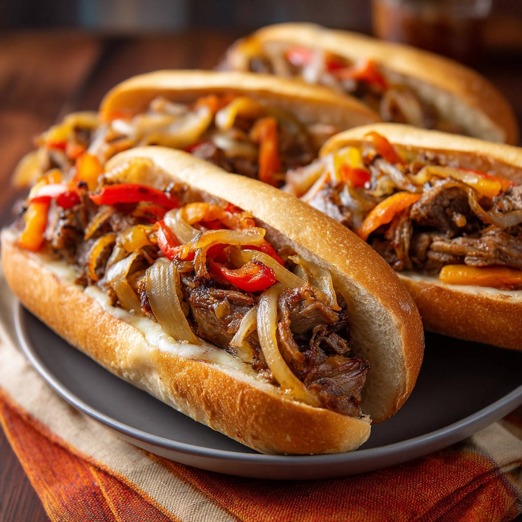 Ultimate steak and cheese sandwiches with grilled onions and peppers, presented on a grey plate with three sandwiches.