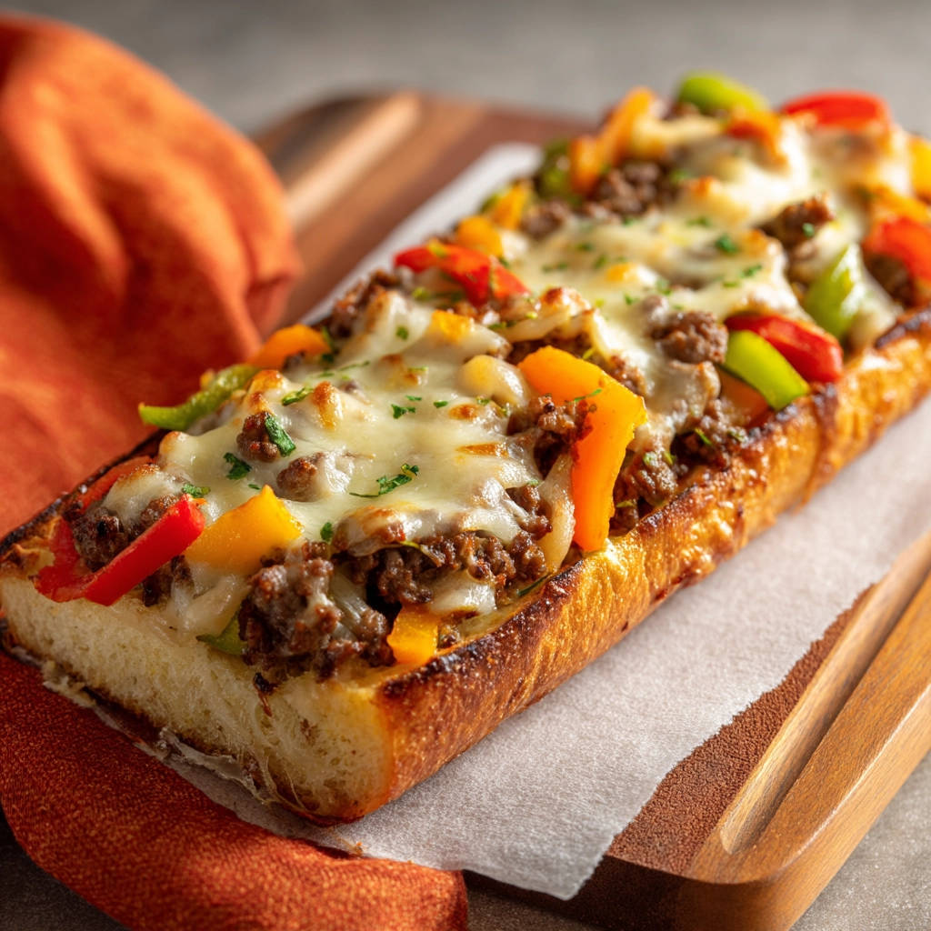Steak and cheese subs with melted cheese and colorful peppers shown in a close-up view.