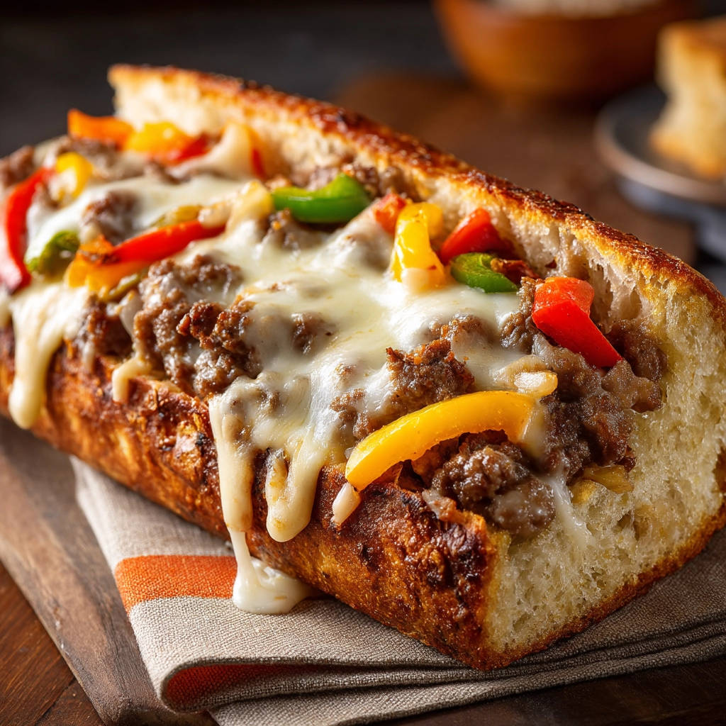 Steak and cheese subs with gooey melted cheese and colorful peppers, showcasing a generous filling.