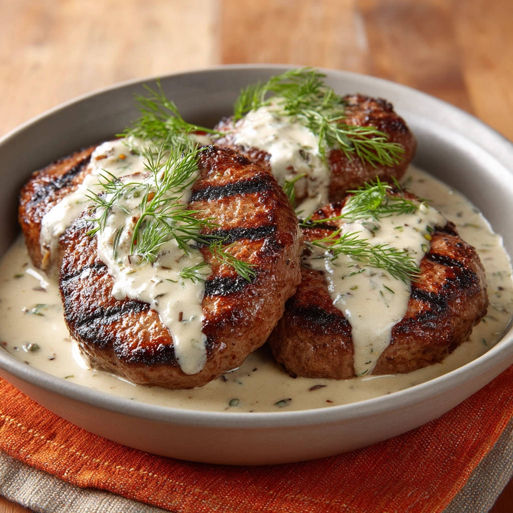 Amazing Juicy Grilled Steakhouse Patties with Dill Sauce, generously coated in a creamy dill sauce.