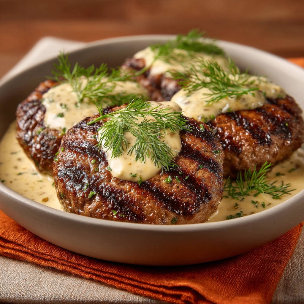 Amazing juicy grilled steakhouse patties with dill sauce, shown in a close-up view with rich sauce and fresh dill garnish.