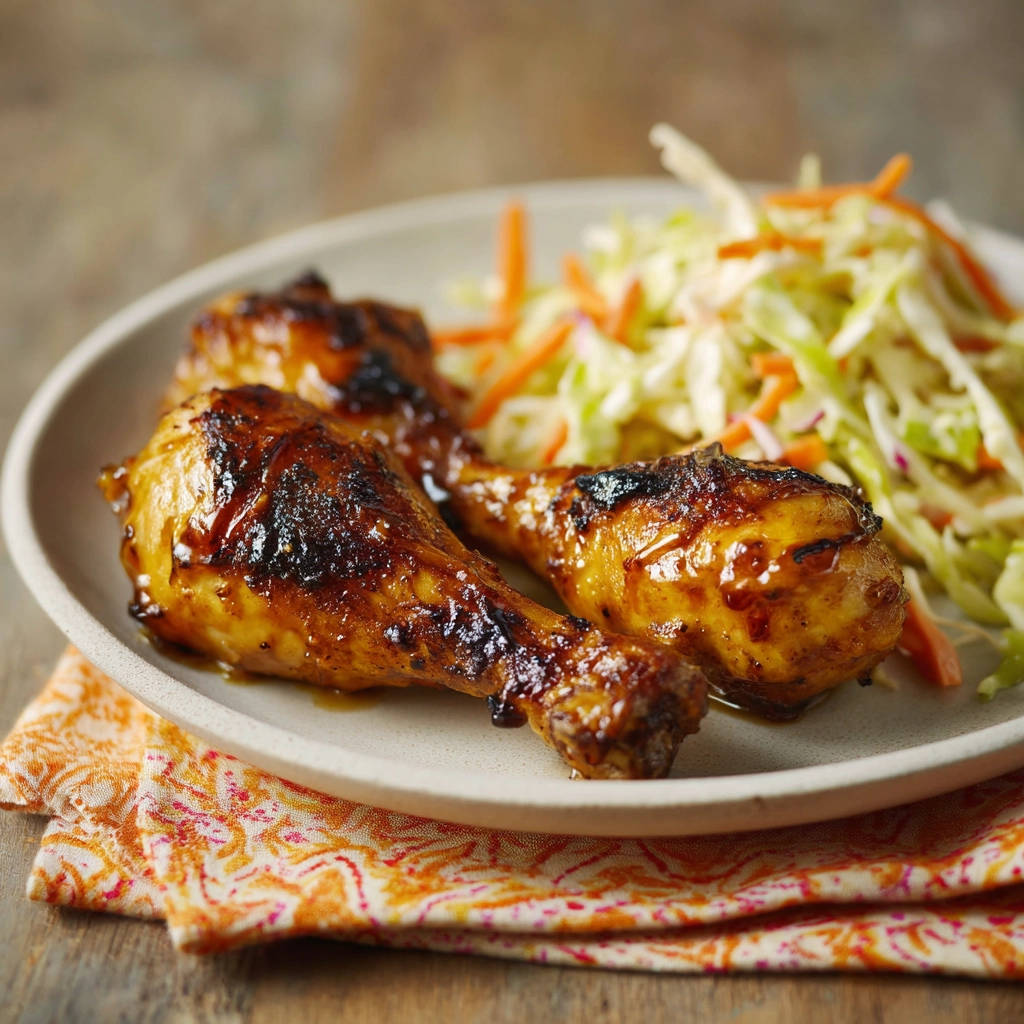 Sticky glazed chicken drumsticks served with coleslaw on a plate, shown from a side view.