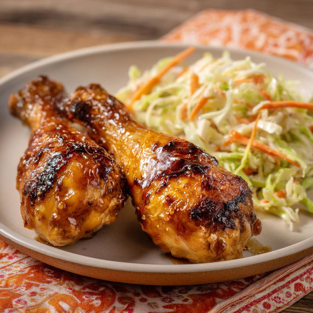 Sticky glazed chicken drumsticks plated with coleslaw, showcasing a glistening caramelised glaze.