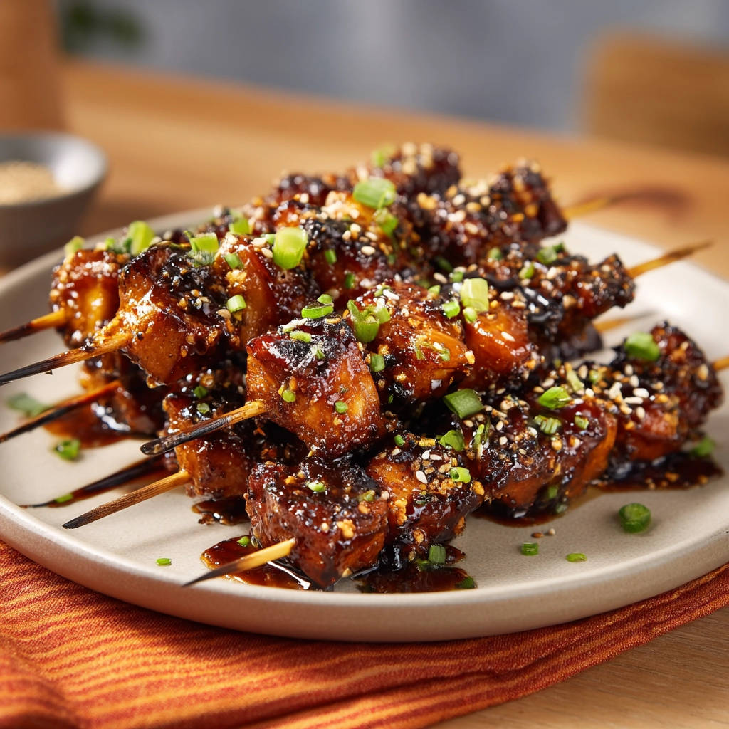 Sticky glazed tofu skewers close-up, showcasing the glistening glaze and fresh green onion garnish.