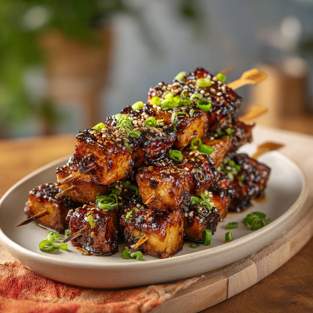 Sticky glazed tofu skewers are stacked on a plate and garnished with chopped green onions and sesame seeds.