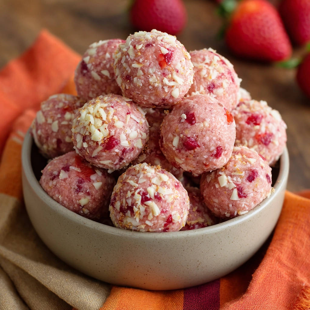 Perfect Strawberry Coconut Energy Bites piled high in a rustic bowl, showcasing their texture and embedded fruit pieces.
