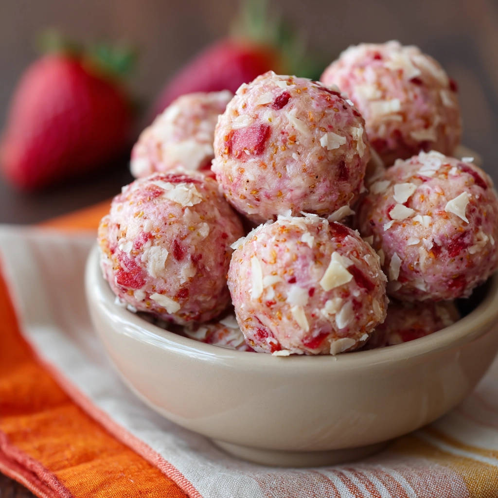 Strawberry coconut energy bites are piled high in a rustic bowl, showcasing their textured exterior.