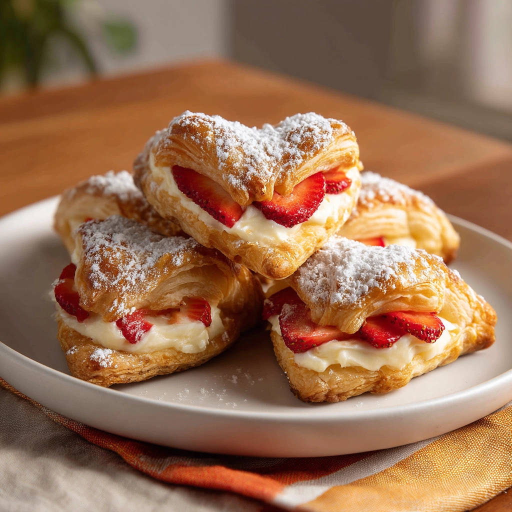 Strawberry cream puff pastry bites are heart-shaped and layered with cream and fresh strawberries, dusted with powdered sugar.