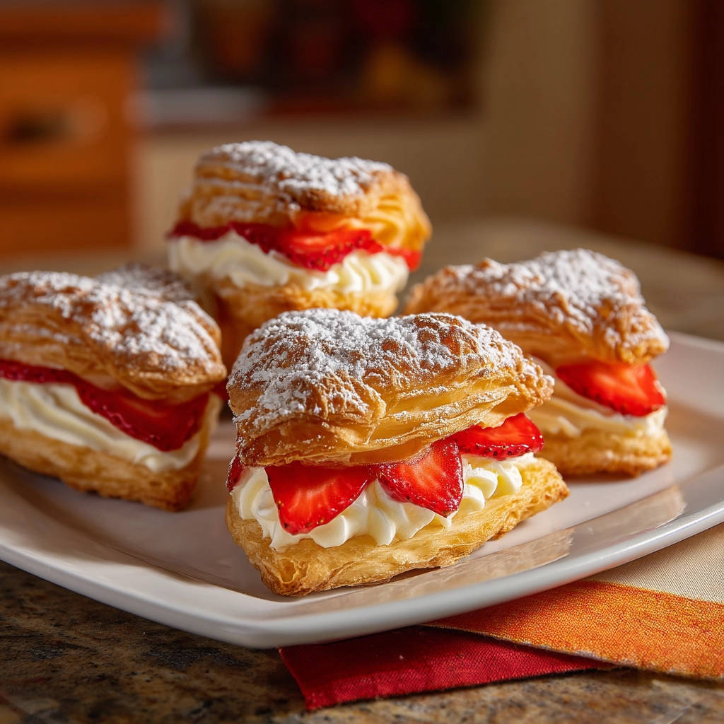 Strawberry cream puff pastry bites plated in a group, showcasing the flaky pastry and fresh strawberry filling.