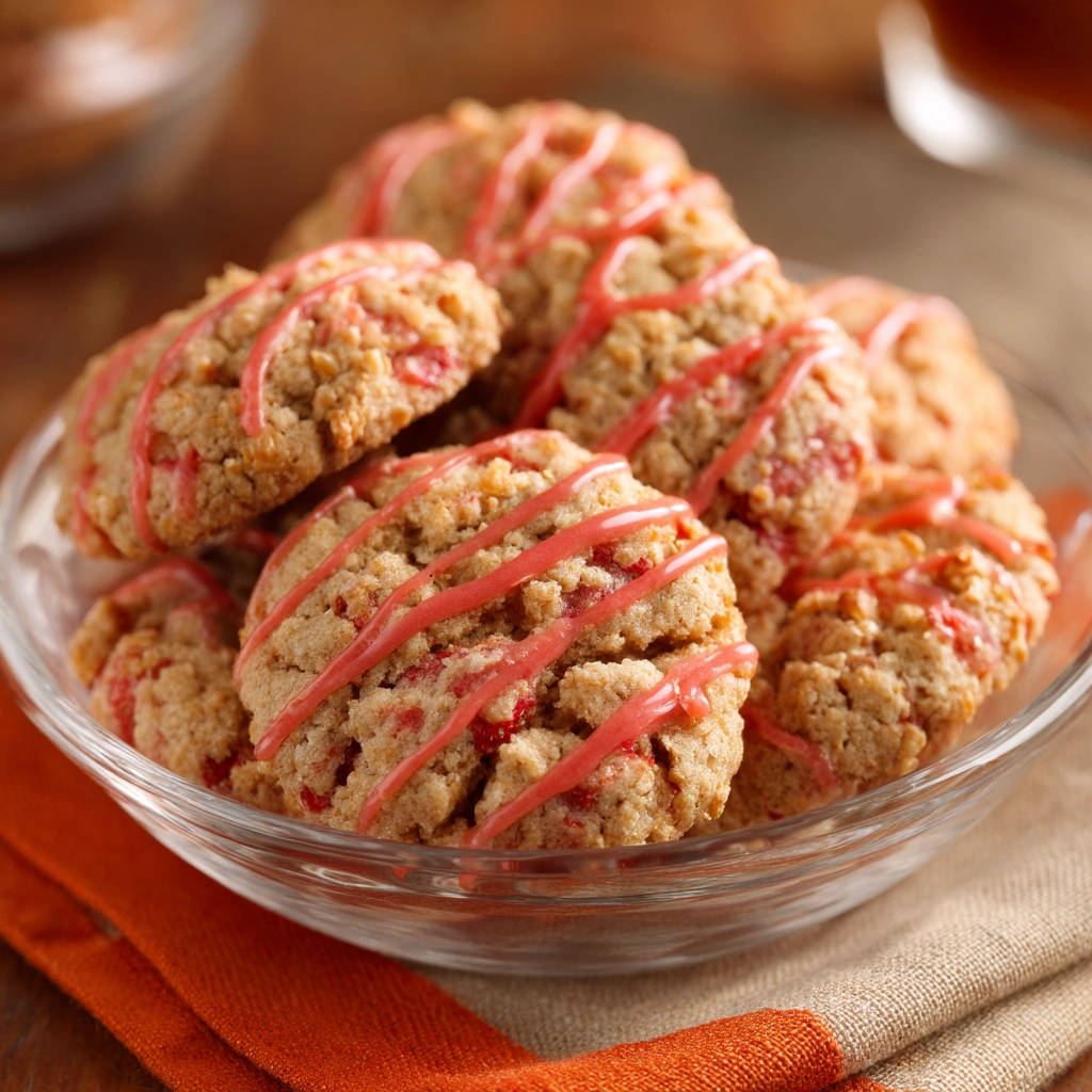 Strawberry crumble cookies drizzled with pink icing in a glass bowl on a napkin.