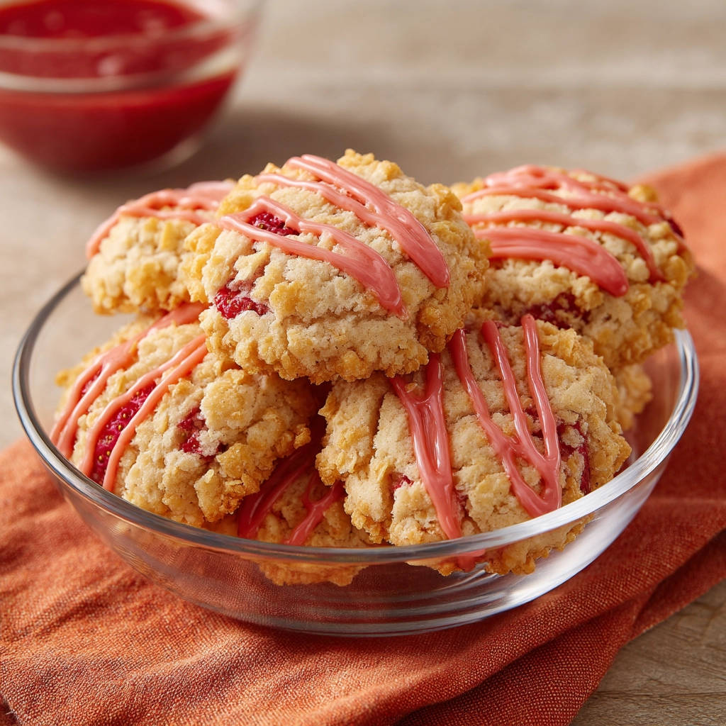 Strawberry crumble cookies drizzled with pink icing piled in a glass bowl on an orange napkin.