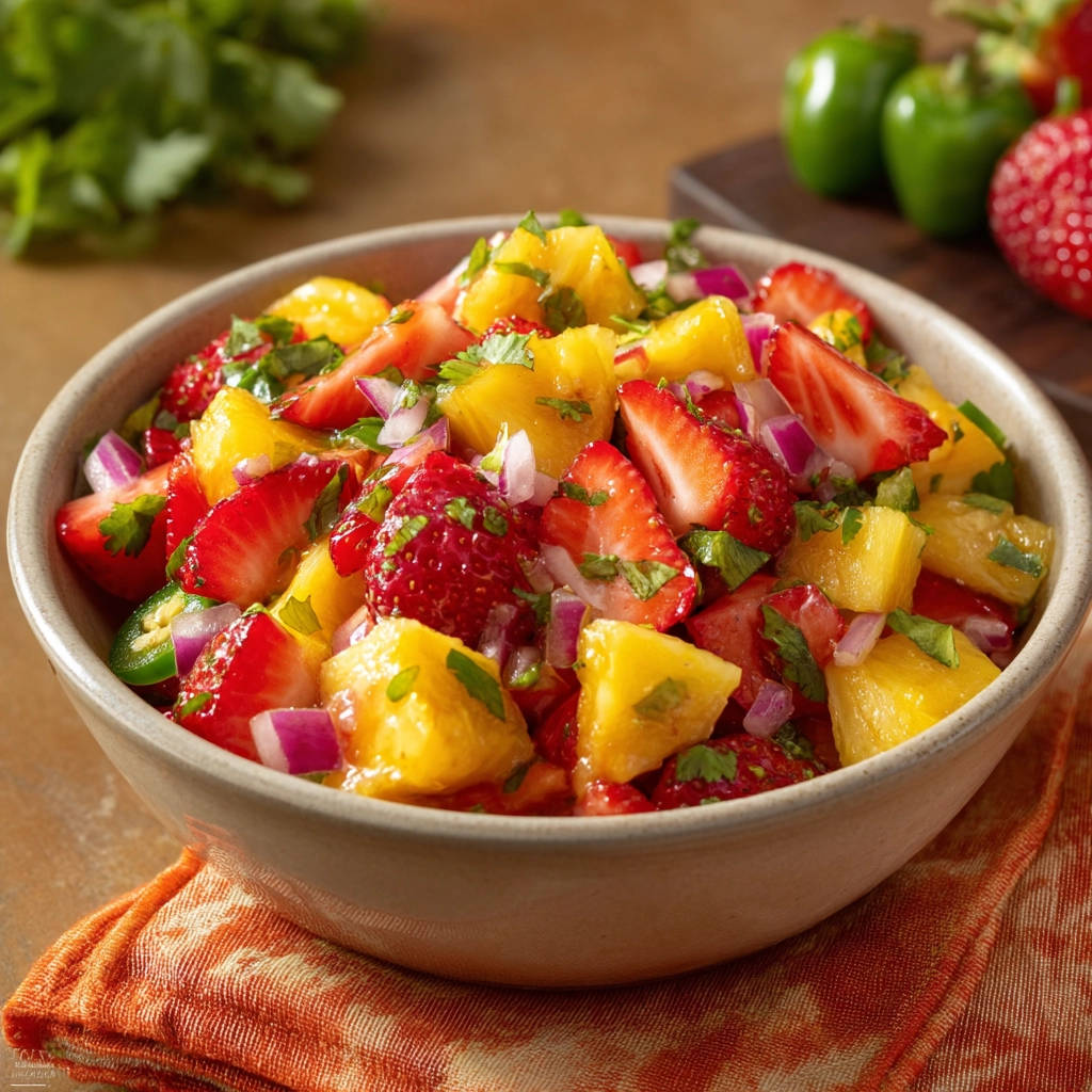 Fresh strawberry pineapple salsa in a bowl, featuring a close-up view of the chopped fruit and cilantro.