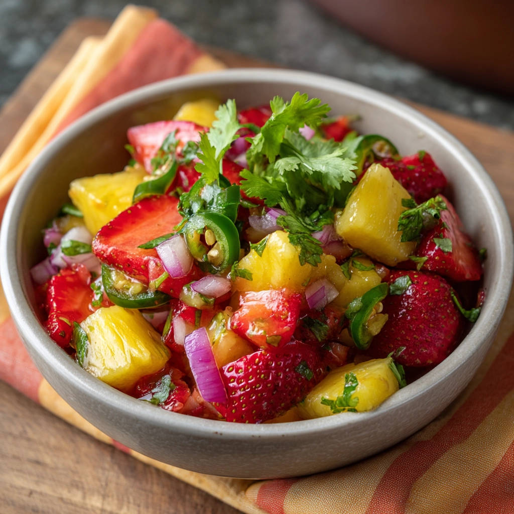Fresh strawberry pineapple salsa in a bowl, featuring fresh cilantro and jalapeño.