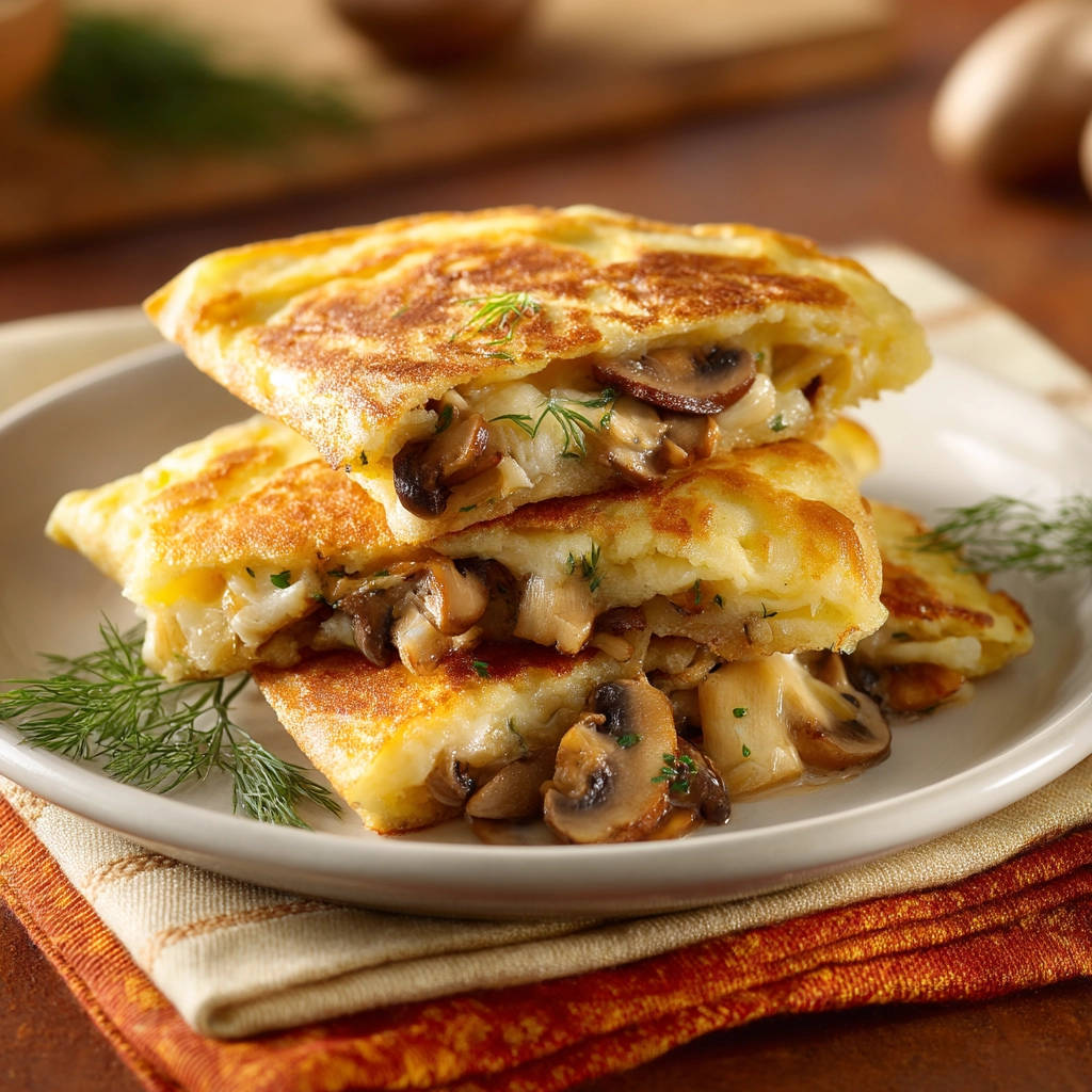 Stuffed potato mushroom pockets cross-section revealing a savory mushroom and cheese filling inside golden potato pockets.