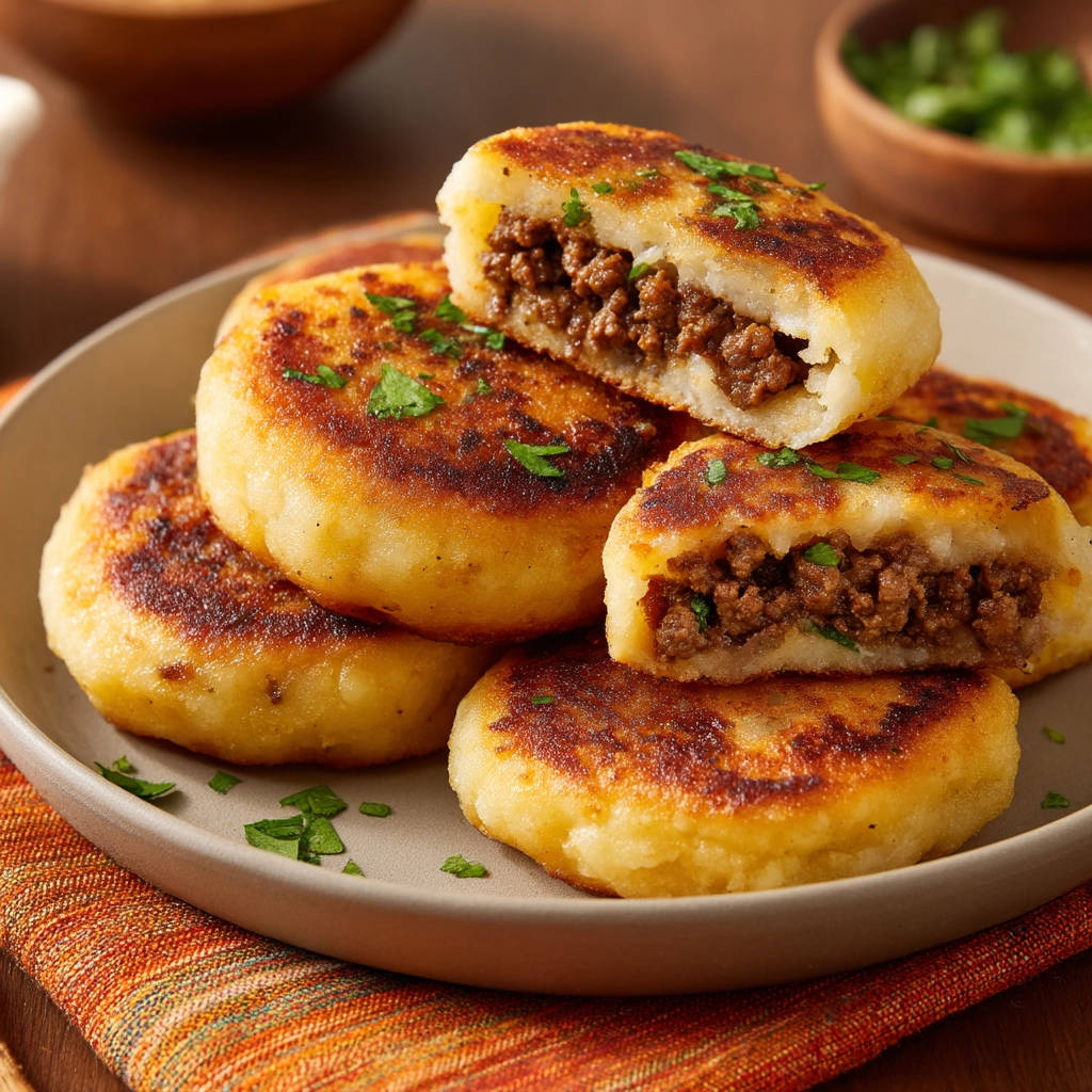 Stuffed potato patties cross-section showing the savory ground meat filling surrounded by golden-brown mashed potato.