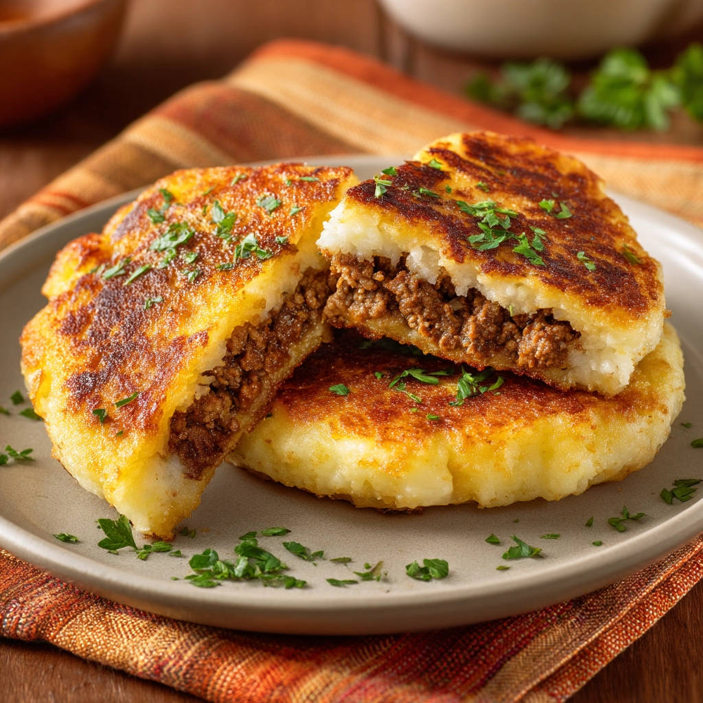 Stuffed potato patties cross-section slice showing the savory meat filling and golden potato exterior, garnished with fresh parsley.