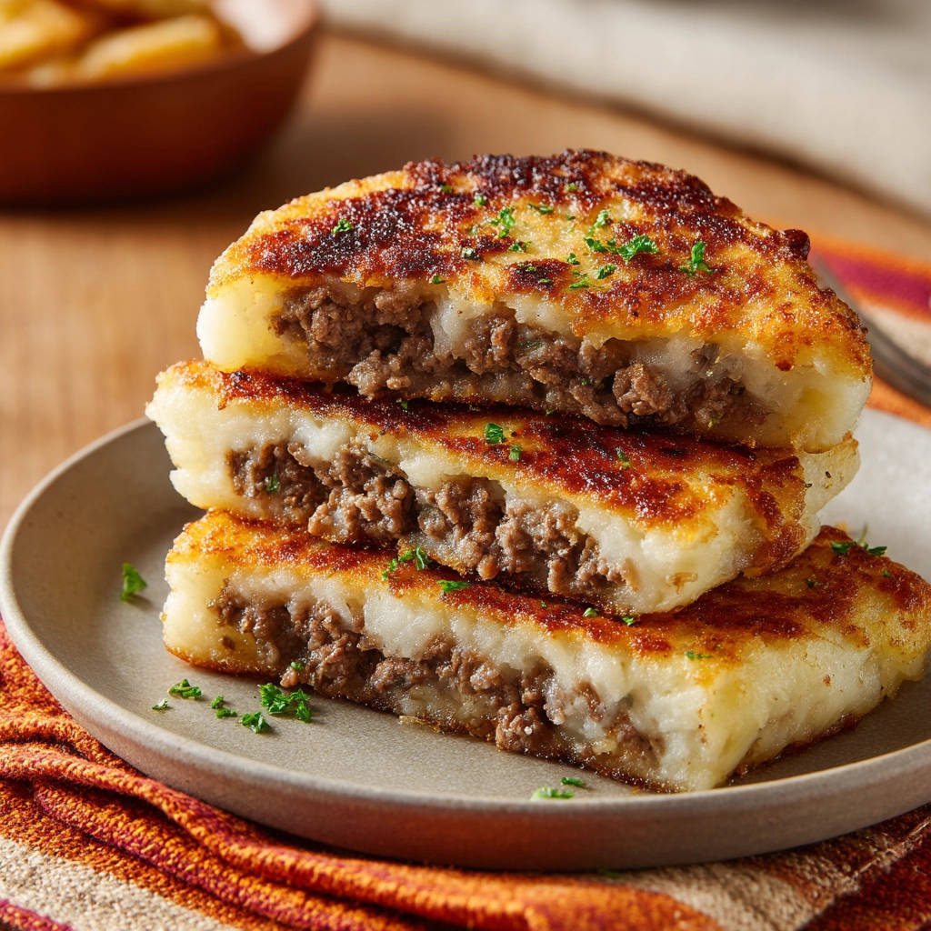 Stuffed potato patties cross-section stack, showing the savory ground meat filling encased in golden-brown potato.