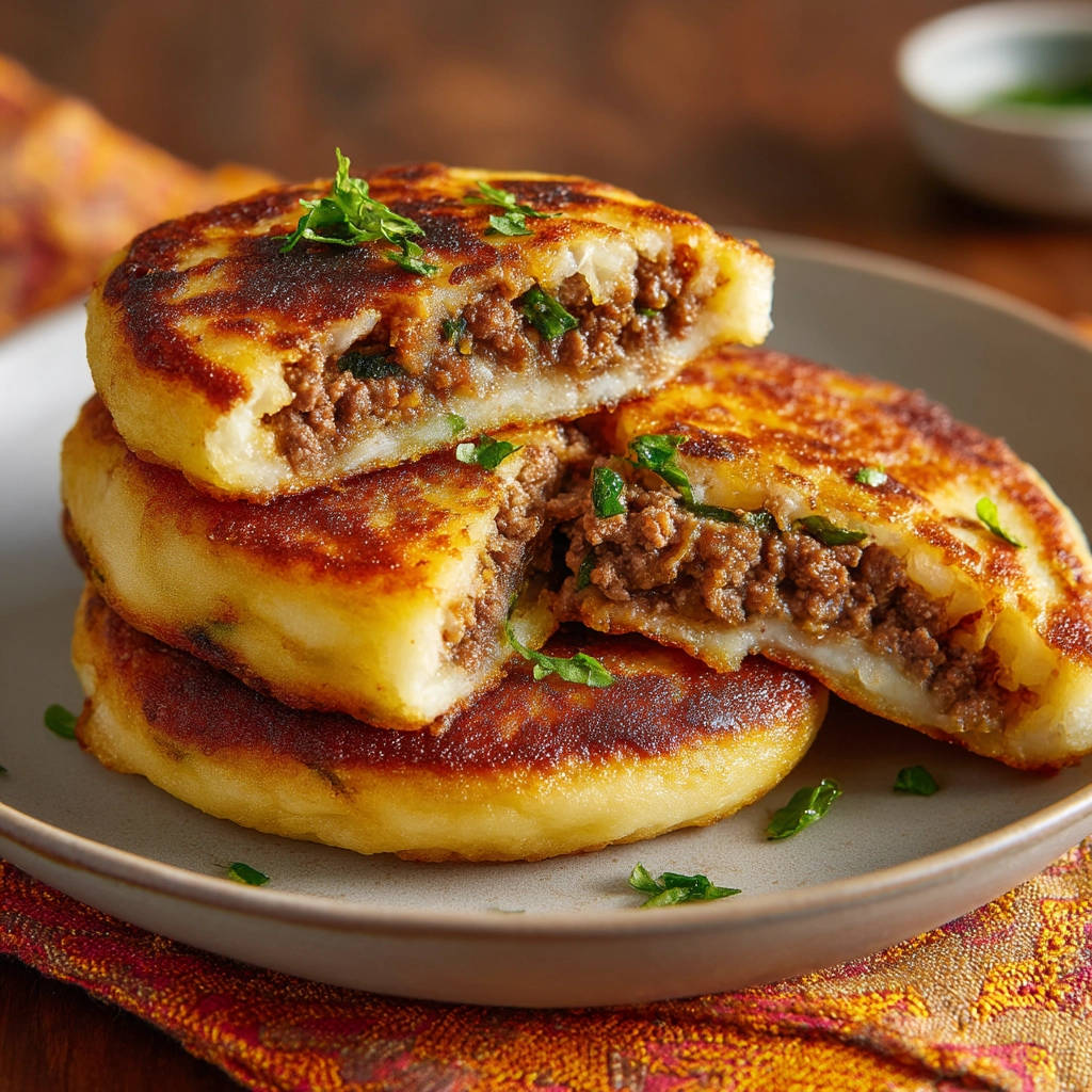 Stuffed potato patties cross-section showing a savory meat filling encased in tender potato, garnished with fresh parsley.
