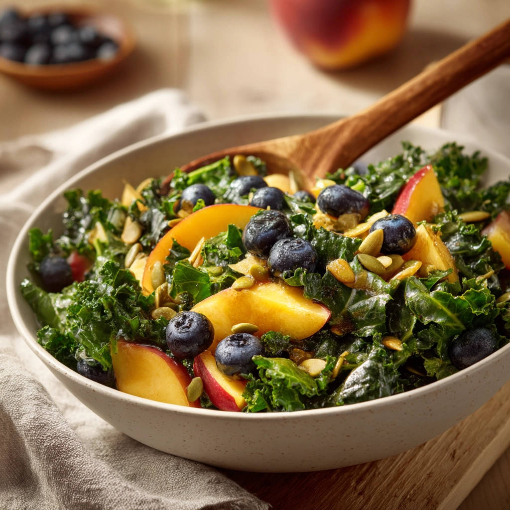 Summer Kale Salad with Blueberries & Peaches served in a bowl, showcasing a close-up view of the fresh ingredients.