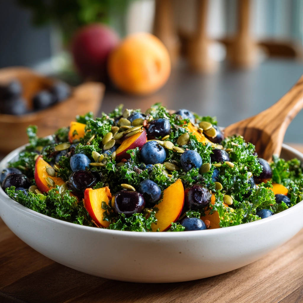 Summer kale salad with blueberries and peaches served in a white bowl with a wooden spoon.